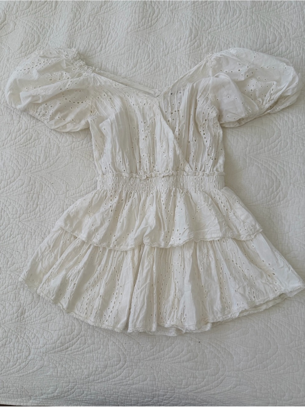 White Eyelet Mini Dress with Puff Sleeves